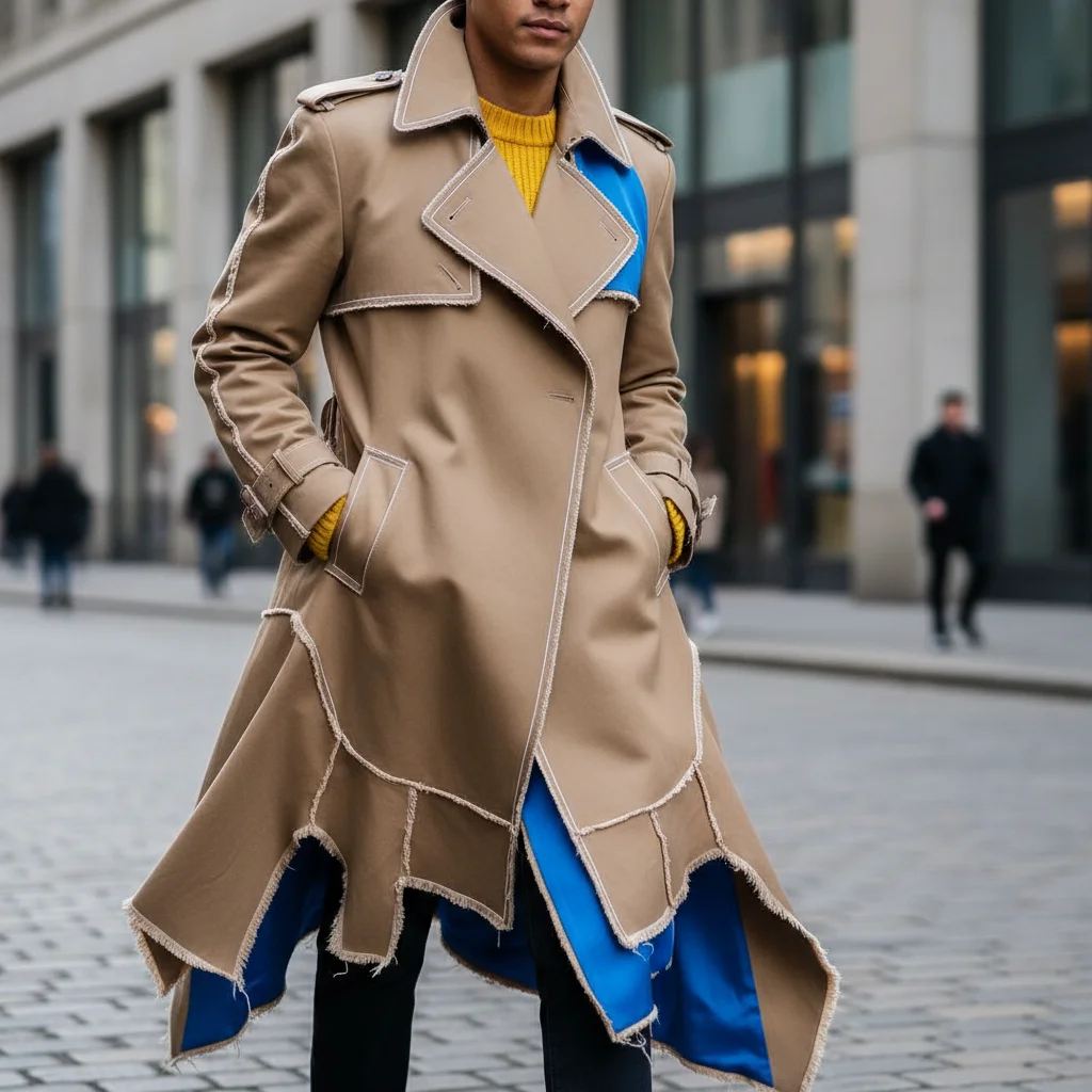 Stylish person wearing a deconstructed trench coat in an urban setting
