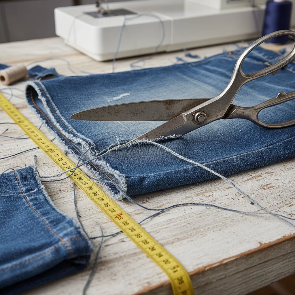 Cutting old denim jeans to create new shorts for repurposing
