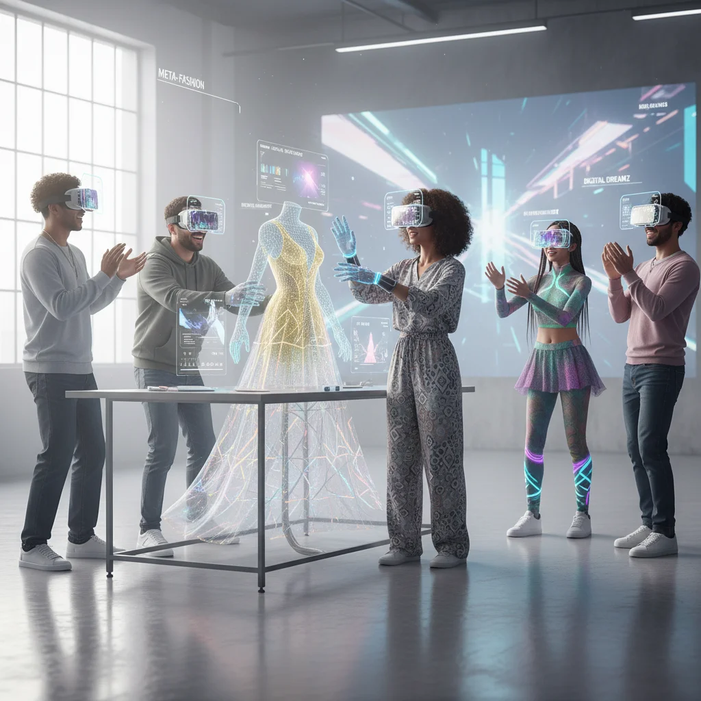 Young adults designing and showcasing digital fashion in a virtual reality metaverse