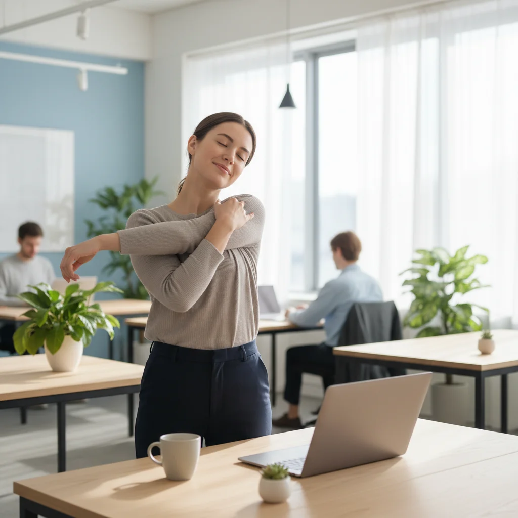 Person performing gentle desk stretches to re-energize during an afternoon break.