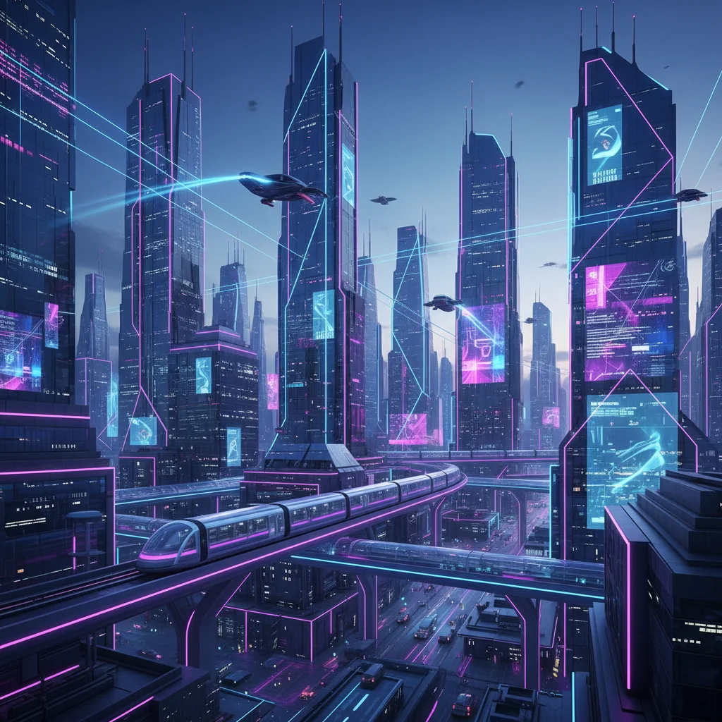 Futuristic cityscape at dusk, illuminated by electric blue and purple neon lights, showcasing the 'Digital Dawn' palette.