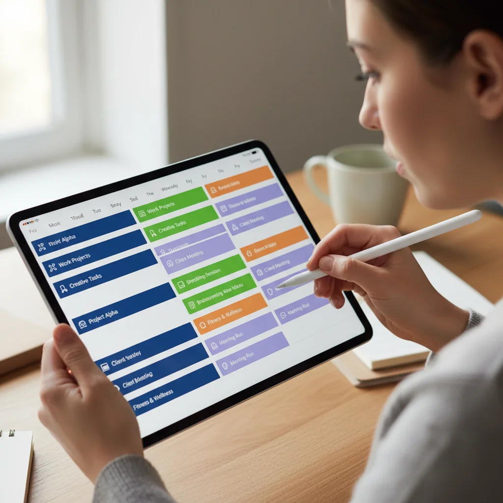 Person planning schedule with digital time blocking calendar