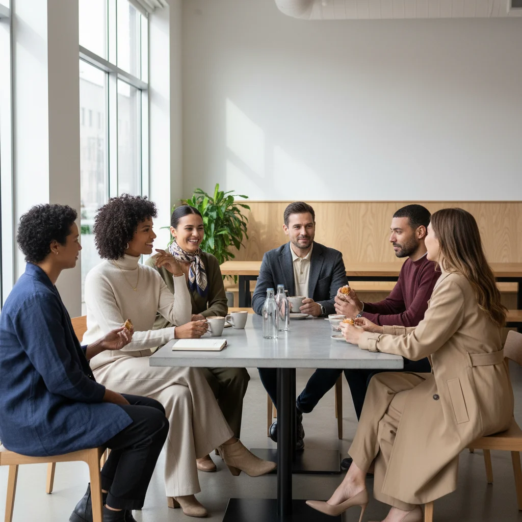 Diverse consumers in a modern cafe, dressed in timeless, high-quality attire, embodying understated elegance.