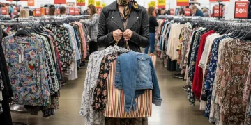 Woman smiling, holding shopping bag in a discount fashion store