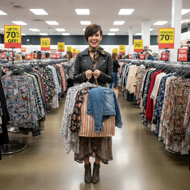 Woman smiling, holding shopping bag in a discount fashion store