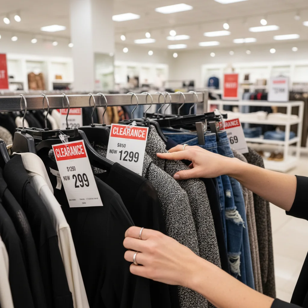 Hands browsing through a rack of discounted designer clothes in an outlet store, focusing on price tags.
