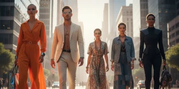 Diverse individuals confidently express their unique personal style in a modern city setting, embodying fashion identity.