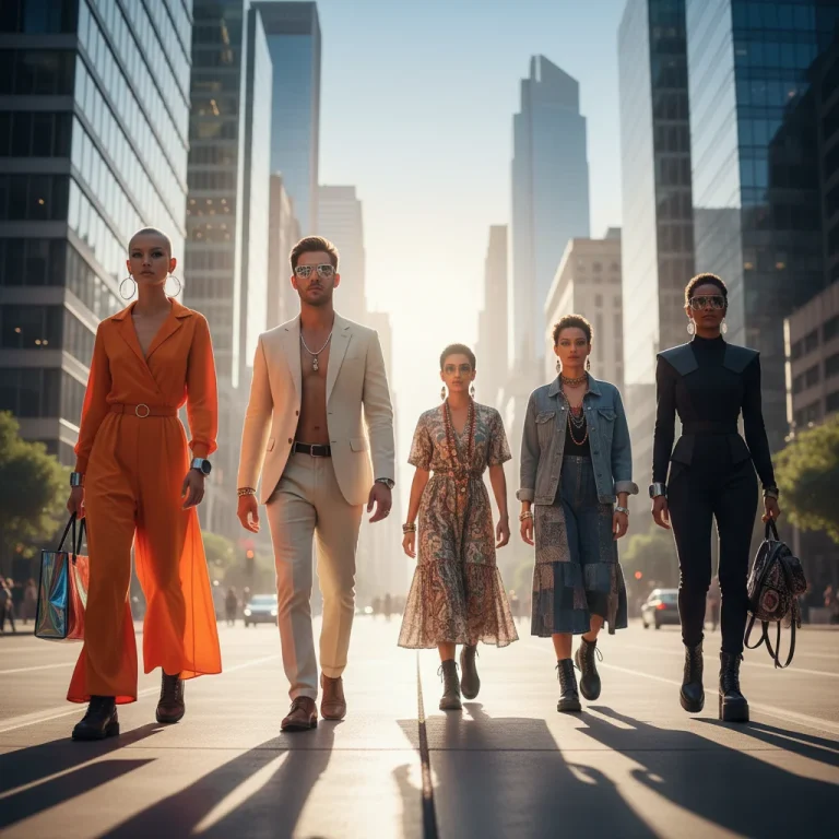 Diverse individuals confidently express their unique personal style in a modern city setting, embodying fashion identity.