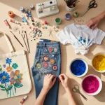 DIY Fashion Hacks: Transform Your Closet, Save 75% on New Clothes This Quarter Creative DIY fashion projects on a wooden table with craft supplies