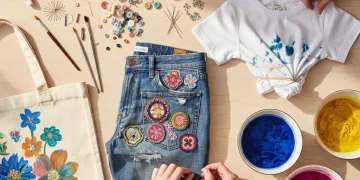 Creative DIY fashion projects on a wooden table with craft supplies
