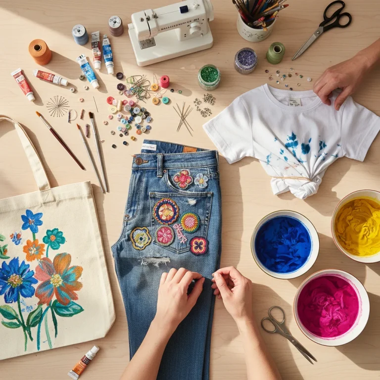 Creative DIY fashion projects on a wooden table with craft supplies