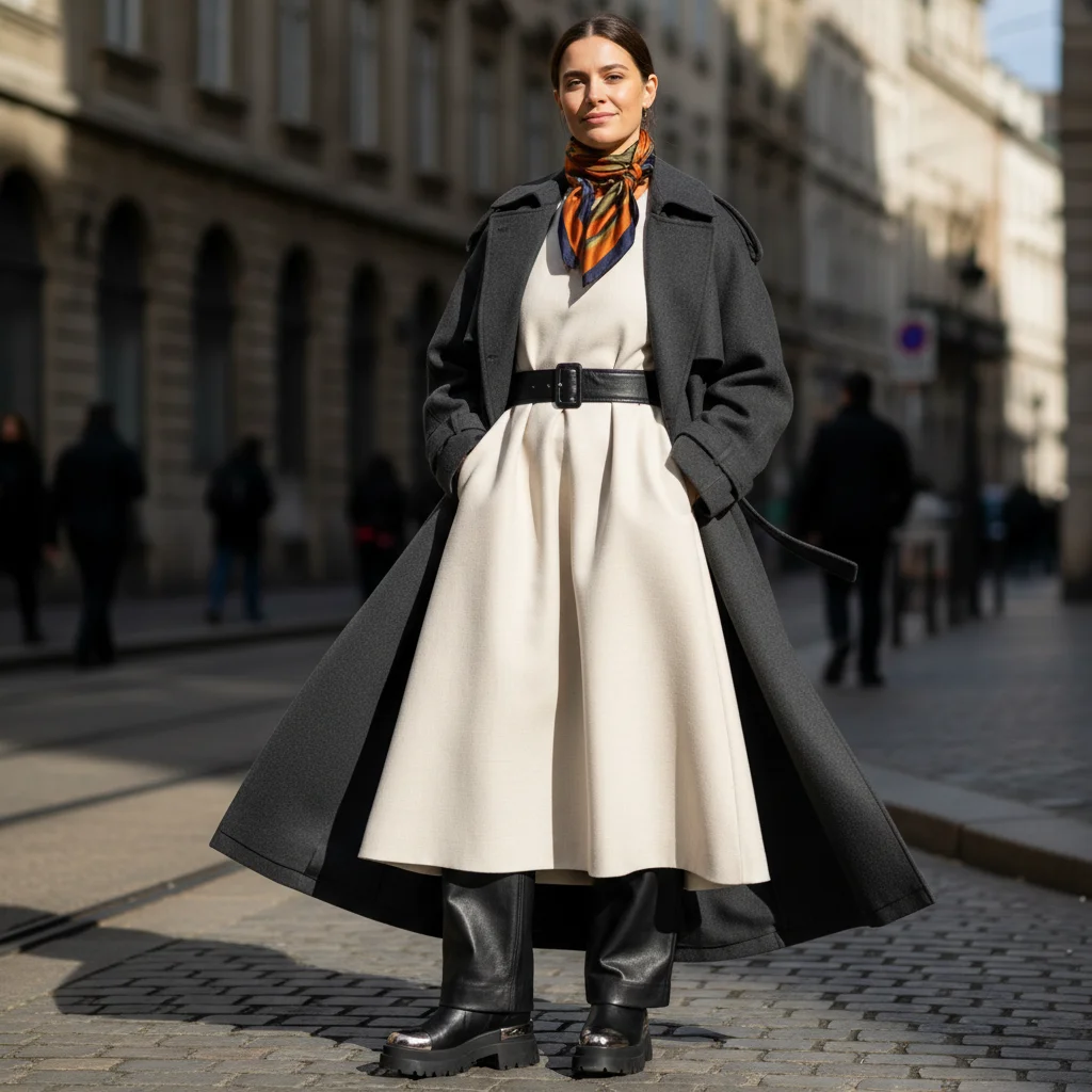 Fashionable individual demonstrating a layered outfit with varied lengths and silhouettes.