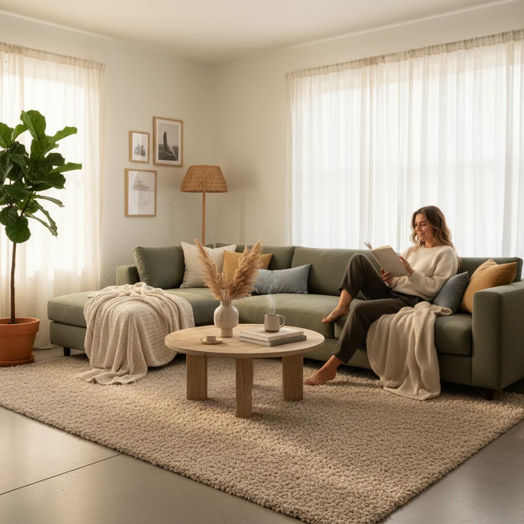 Tranquil living room with sage green sofa and natural wood accents, reflecting the 'Earthy Serenity' color palette.