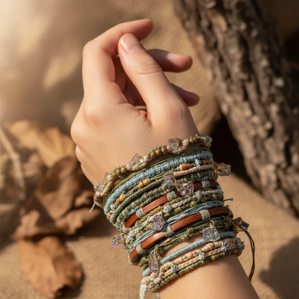 Hand wearing eco-friendly layered bracelets, sustainable fashion