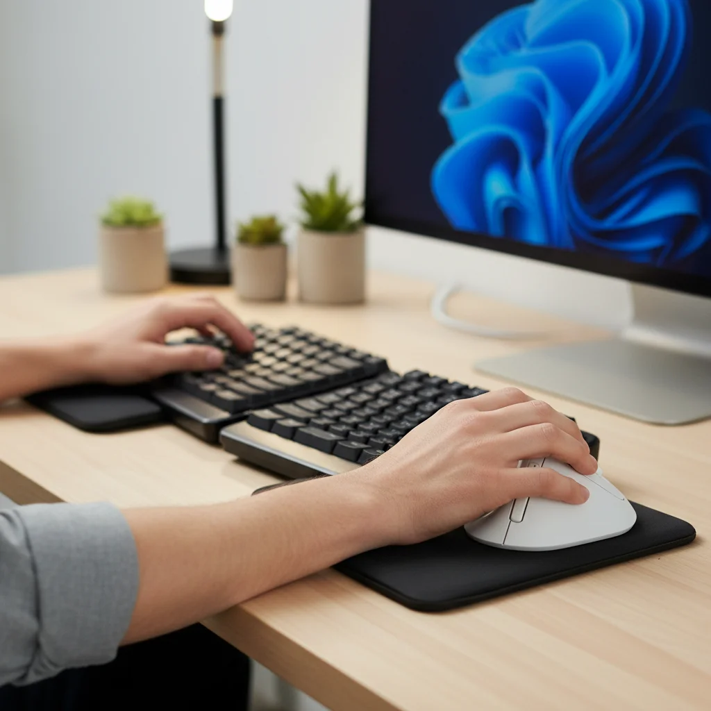 Proper hand and wrist posture using ergonomic keyboard and mouse for comfort