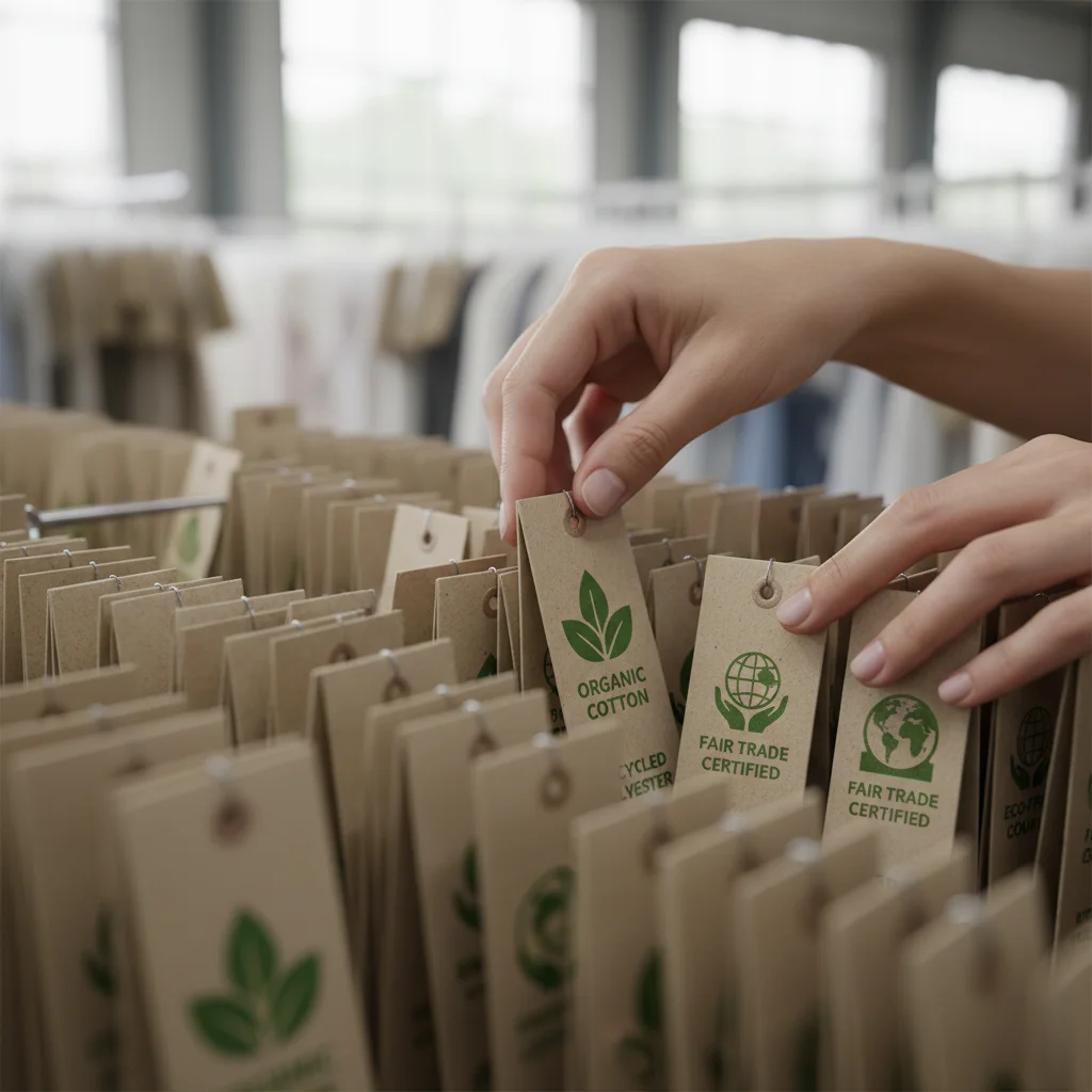 Hands examining clothing tags for ethical sourcing and sustainable materials