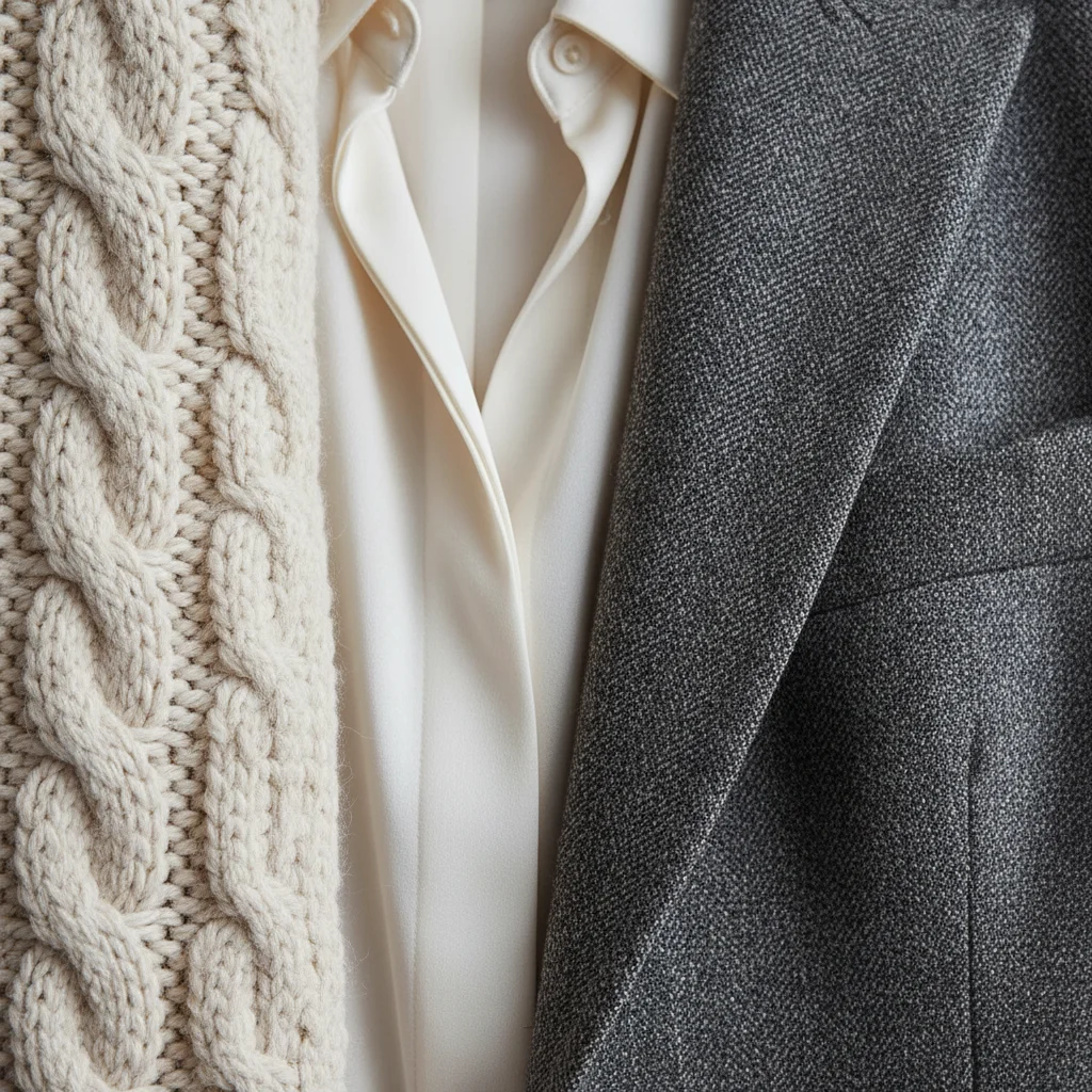 Detailed view of layered fabrics showing a chunky knit, silk blouse, and tailored blazer.