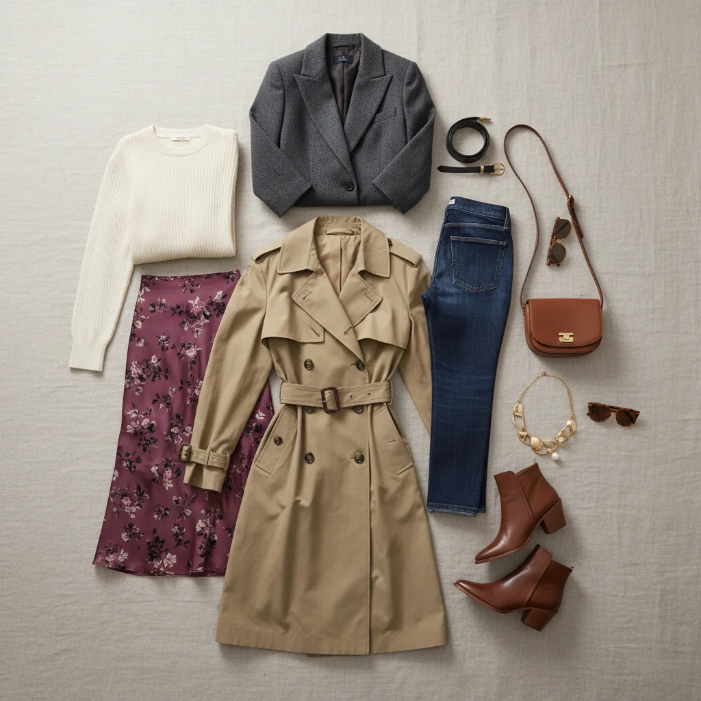 Curated Fall 2026 capsule wardrobe flat lay