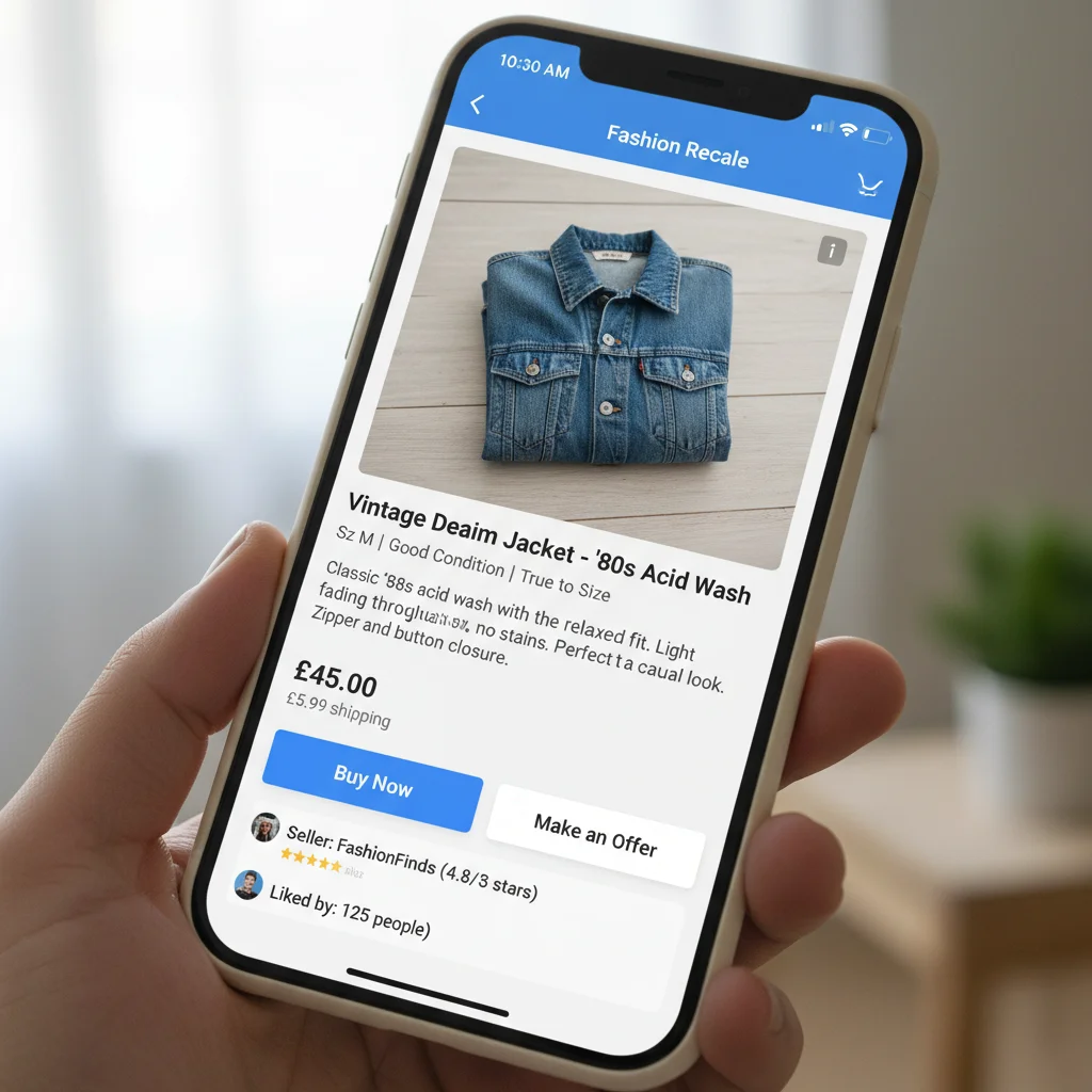 Smartphone displaying fashion resale app for selling clothes