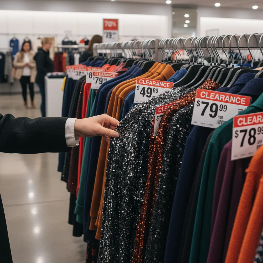 Hand sifting through discounted clothing rack, finding deals