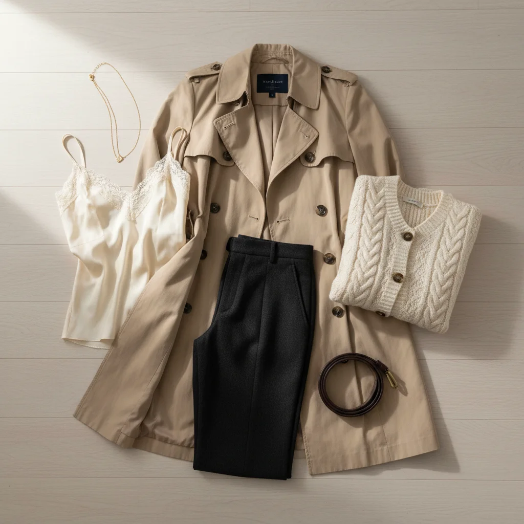 Flat lay of versatile clothing pieces: trench coat, black trousers, camisole, cardigan