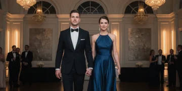 Couple in modern formal wear entering a US ballroom