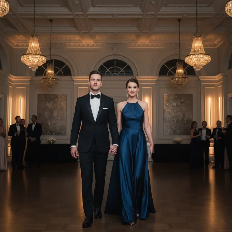 Couple in modern formal wear entering a US ballroom