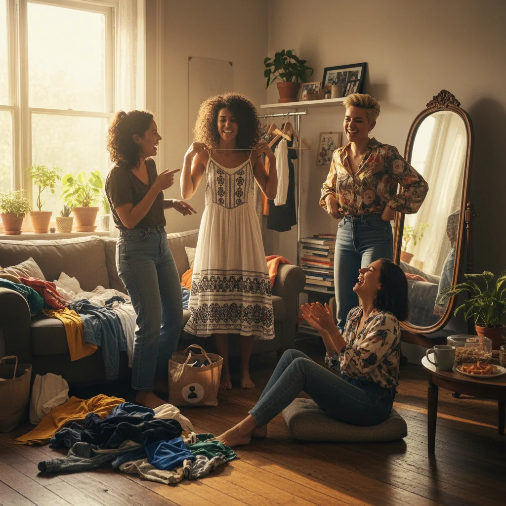 Friends joyfully trying on swapped clothes in a relaxed home environment, sharing fashion insights.