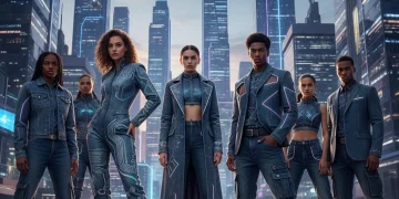 Models wearing futuristic denim styles and washes for 2026, showcasing innovation and sustainability.
