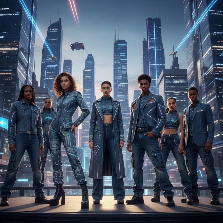 Models wearing futuristic denim styles and washes for 2026, showcasing innovation and sustainability.