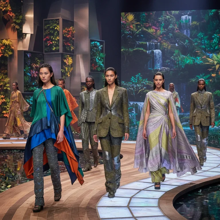 Models displaying future fashion trends blending sustainability, technology, and gender fluidity.