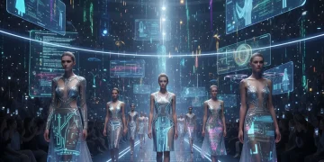 Futuristic fashion show with AI-generated designs and digital projections.