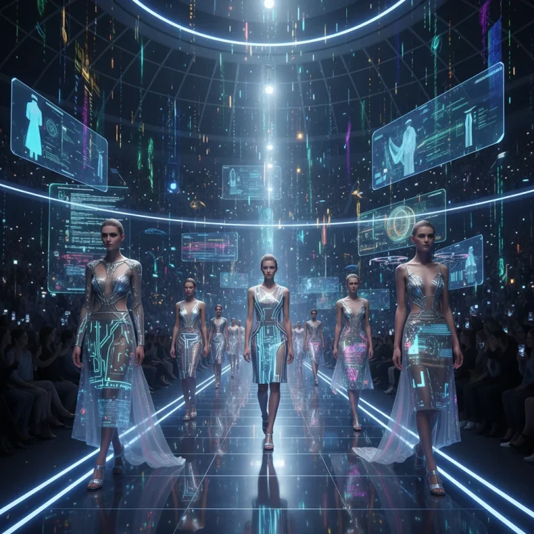 Futuristic fashion show with AI-generated designs and digital projections.