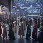 Future Formalwear: 4 Unexpected Trends Redefining US Event Attire 2026 Diverse group in futuristic formal attire at a modern event, embodying future formalwear trends.