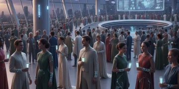 Diverse group in futuristic formal attire at a modern event, embodying future formalwear trends.