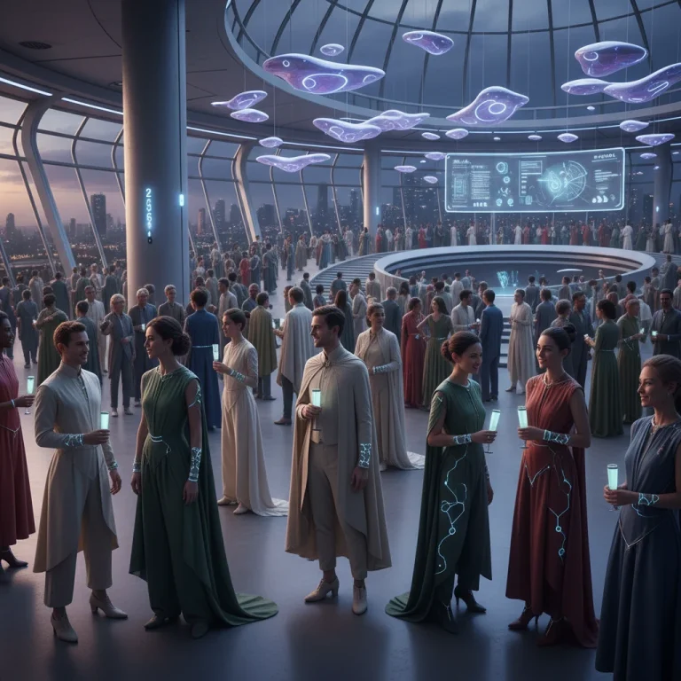 Diverse group in futuristic formal attire at a modern event, embodying future formalwear trends.