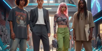 Diverse Gen Z individuals demonstrating evolving fashion trends, including vintage, gender-neutral, Y2K, and sustainable styles in an urban setting.