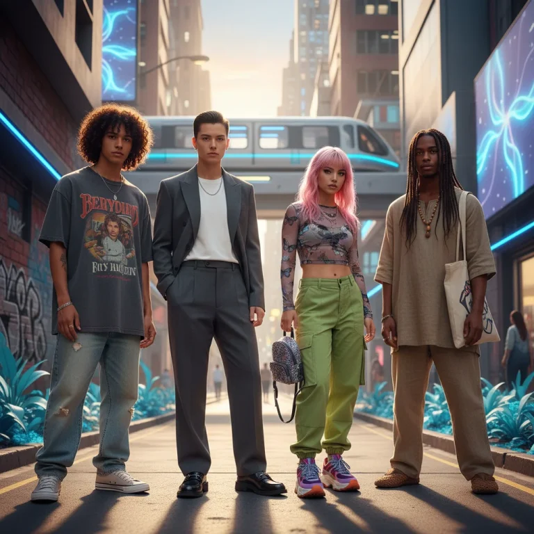 Diverse Gen Z individuals demonstrating evolving fashion trends, including vintage, gender-neutral, Y2K, and sustainable styles in an urban setting.