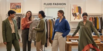 Diverse individuals wearing modern gender-neutral apparel in a stylish retail environment.