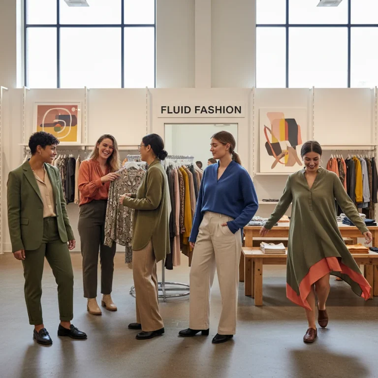 Diverse individuals wearing modern gender-neutral apparel in a stylish retail environment.