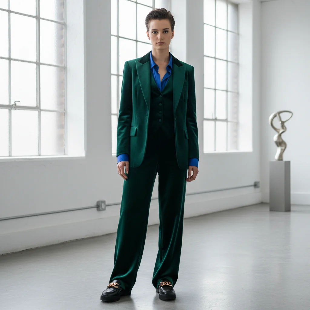 Model in a sophisticated gender-neutral formal suit, showcasing inclusive design.