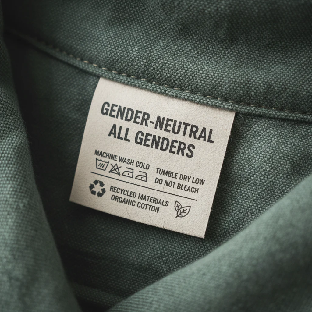 Close-up of a gender-neutral garment label emphasizing inclusive design and sustainable materials.