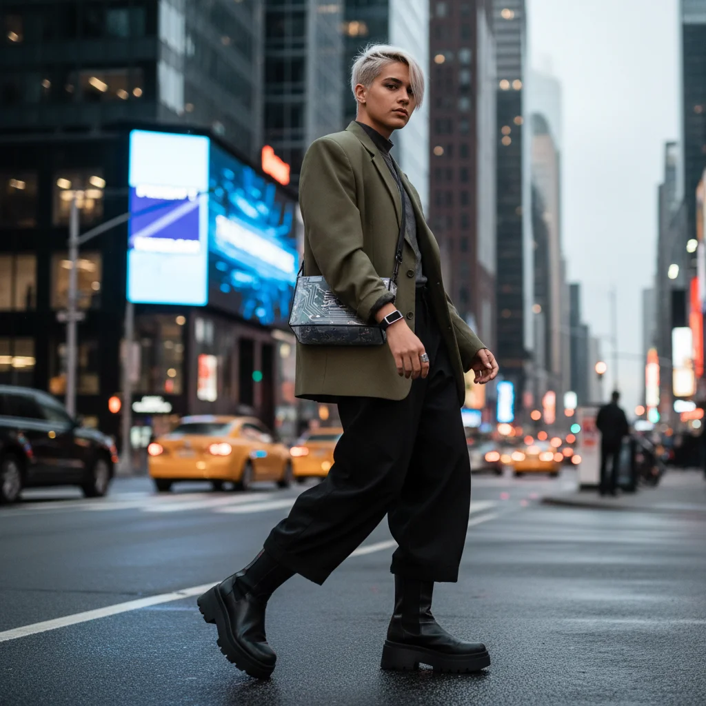 Gen Z individual in a gender-neutral oversized blazer, wide-leg trousers, and platform boots, embodying modern urban street style.