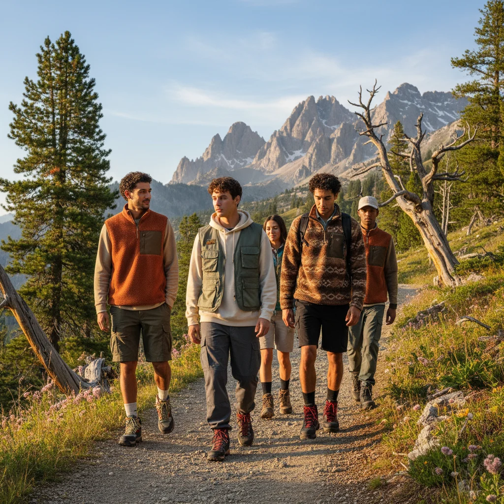Friends on a mountain trail wearing gorpcore attire, including fleeces, utility vests, and hiking boots, embodying outdoor and fashion fusion.