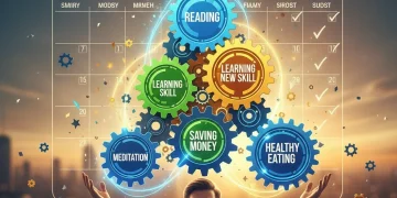 Person successfully building new routines through habit stacking for 2026 goals, showing interconnected gears.