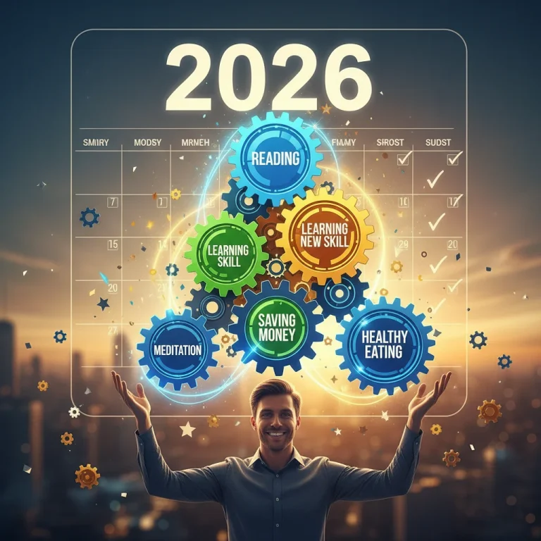 Person successfully building new routines through habit stacking for 2026 goals, showing interconnected gears.