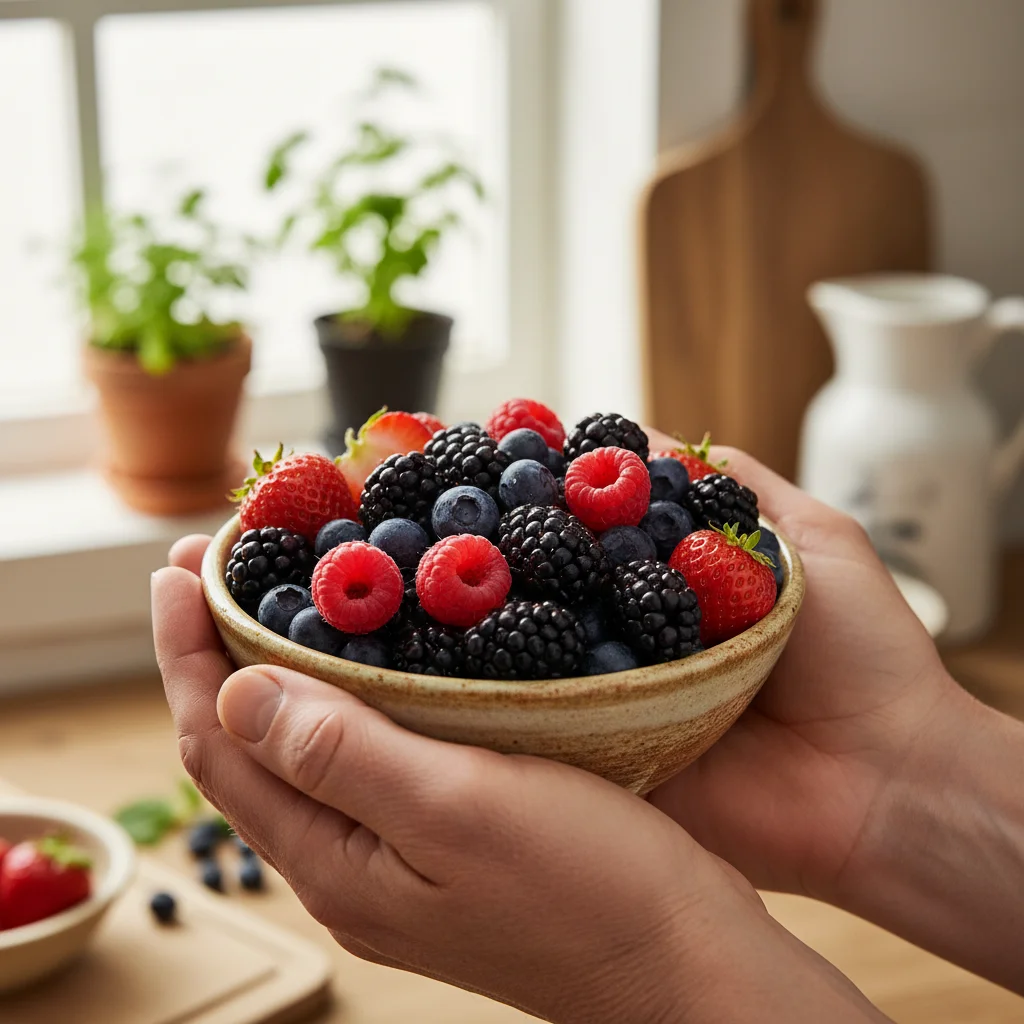 Hands holding a bowl of fresh, vibrant berries, emphasizing focus on food