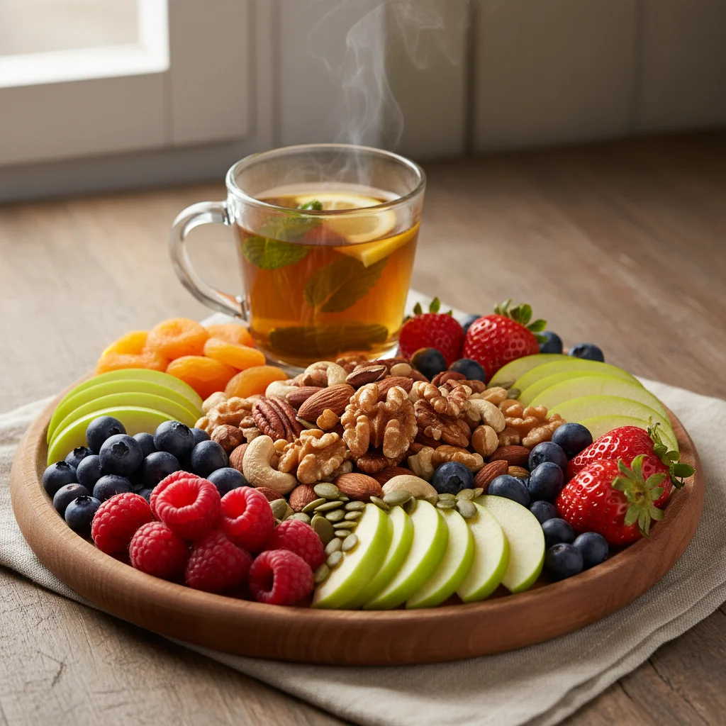 Assortment of healthy, energy-boosting snacks and herbal tea for sustained afternoon vitality.
