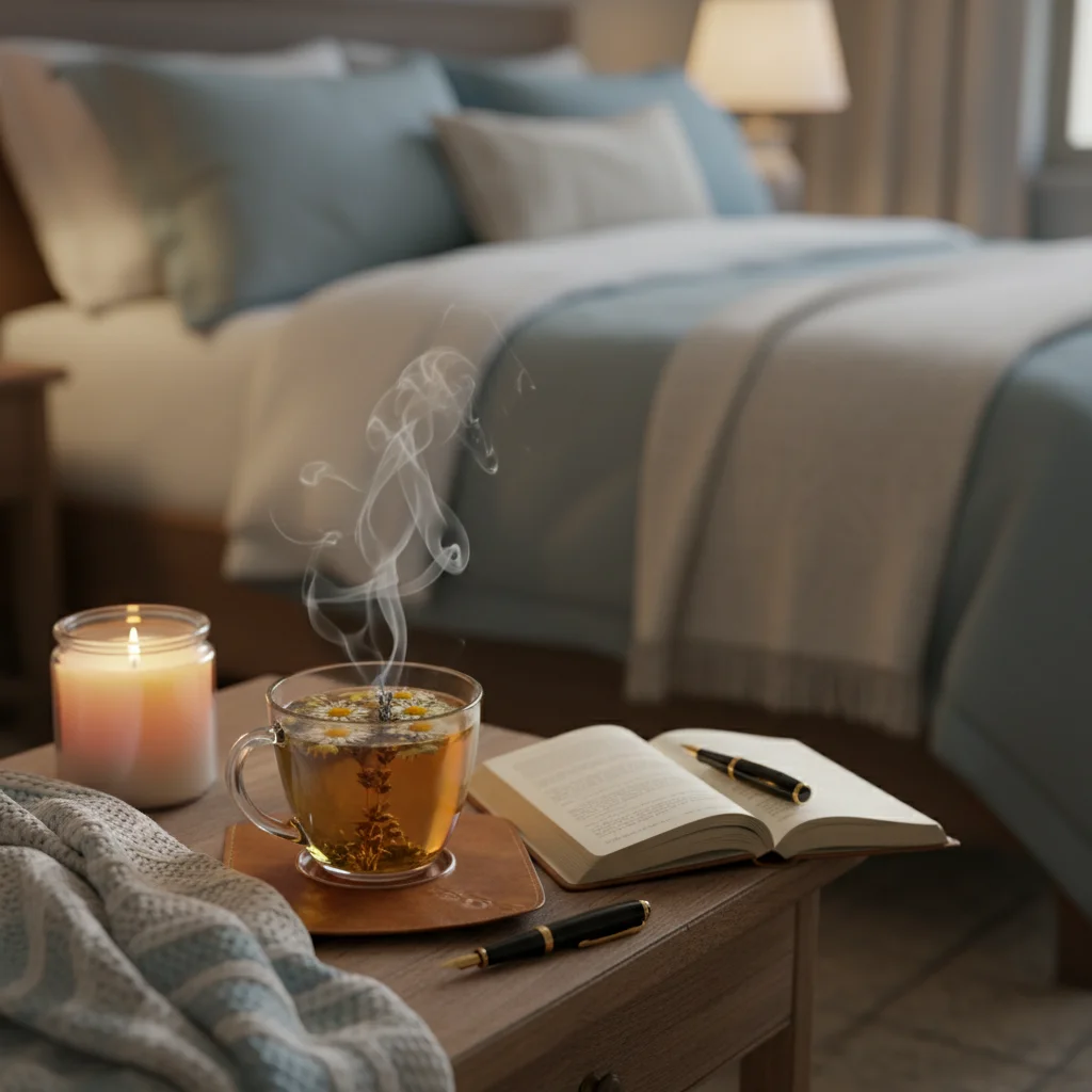 Herbal tea and journal on bedside table, calming evening ritual