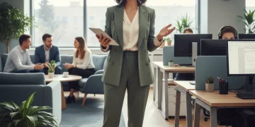 Professional woman in modern hybrid work attire, blending comfort and style